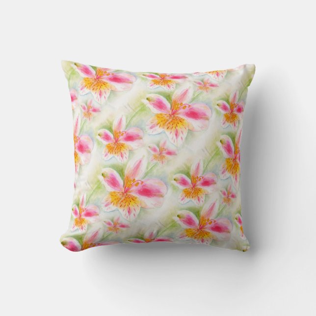 Watercolor Peruvian Lily Alstroemeria pillow (Front)
