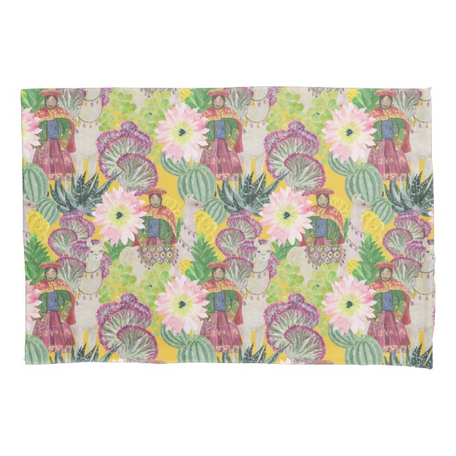Watercolor Peruvian Woman & Llama Pattern Pillowcase (Front-Left)
