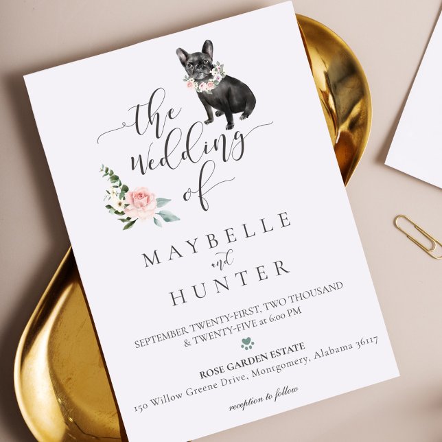 Watercolor Pet Black French Bulldog Floral Rose Invitation (Watercolor Pet Black French Bulldog Floral Rose Invitation)