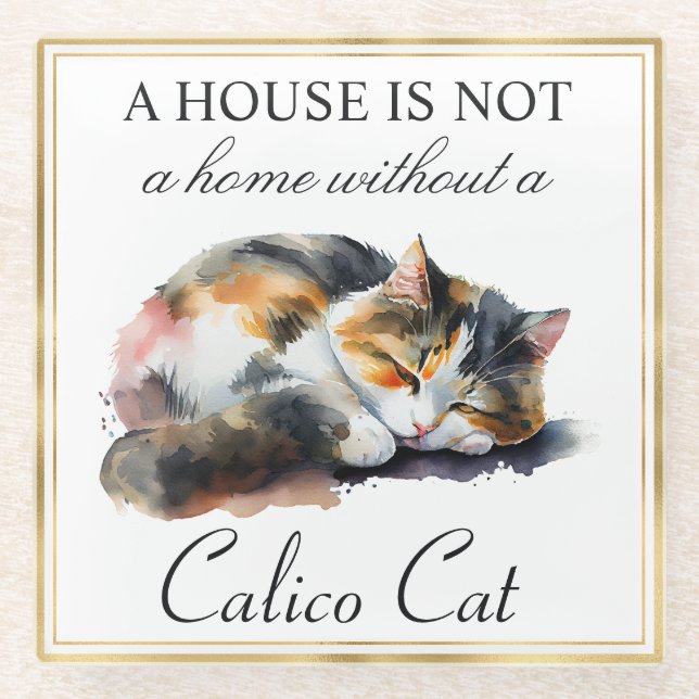 Watercolor Pet Calico Cat and Gold Frame Glass Coaster (Front)