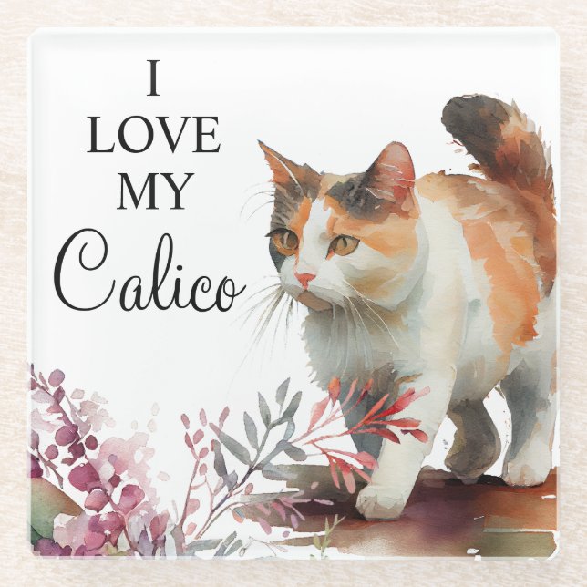 Watercolor Pet Calico Cat with Spring Flowers Glass Coaster (Front)