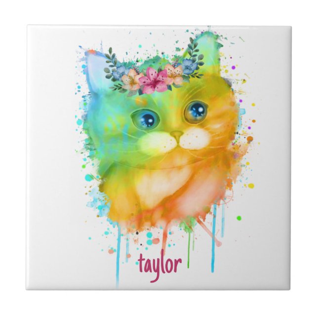 Watercolor Pet Cat with flowers Tile (Front)