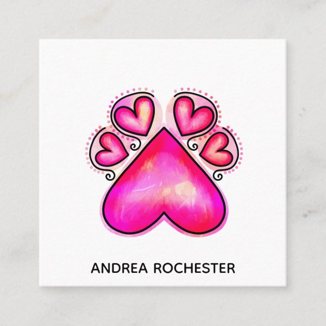Watercolor Pet Dog Paw Love Heart Square Business Card (Front)