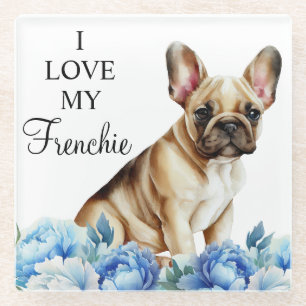 Watercolor Pet French Bulldog and Blue Flowers Glass Coaster