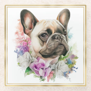 Watercolor Pet French Bulldog and Summer Flowers Glass Coaster