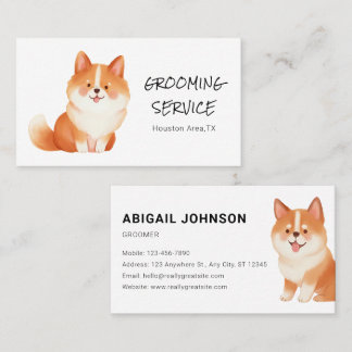 Watercolor Pet Grooming with Corgi Business Card