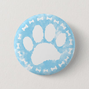 Watercolor Pet Paw Print and Bones Blue 6 Cm Round Badge