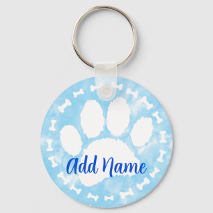 Watercolor Pet Paw Print and Bones Blue Key Ring
