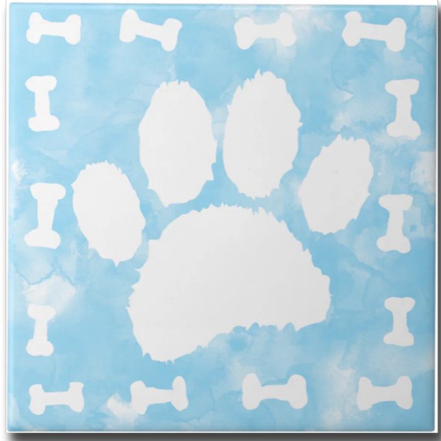 Watercolor Pet Paw Print and Bones Blue Tile (Creator Uploaded)