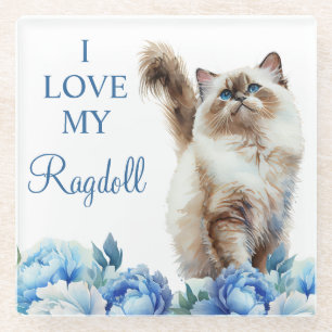 Watercolor Pet Ragdoll Cat and Blue Flowers Glass Coaster