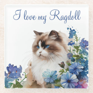 Watercolor Pet Ragdoll Cat and Blue Flowers Glass Coaster