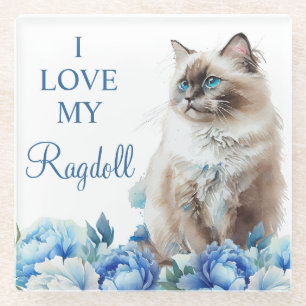 Watercolor Pet Ragdoll Cat and Blue Flowers Glass Coaster