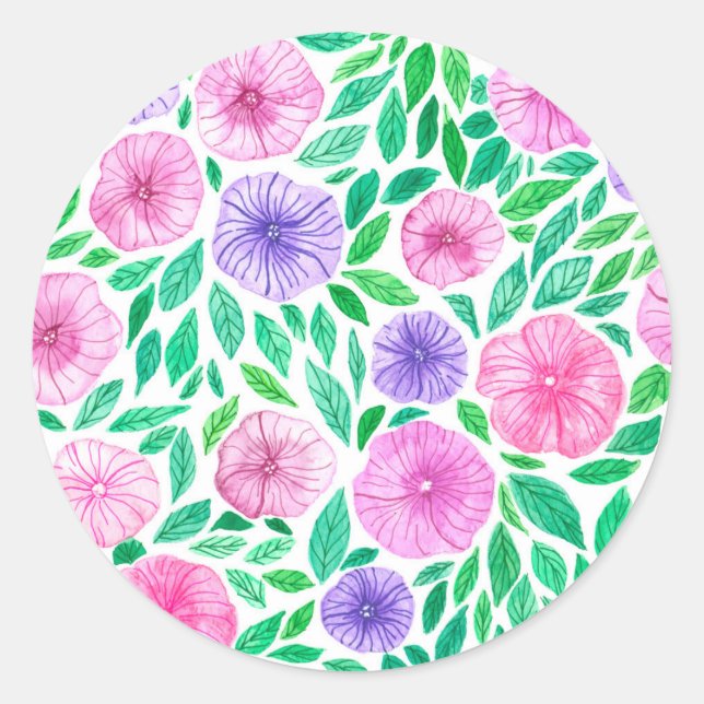 Watercolor petunia garden classic round sticker (Front)