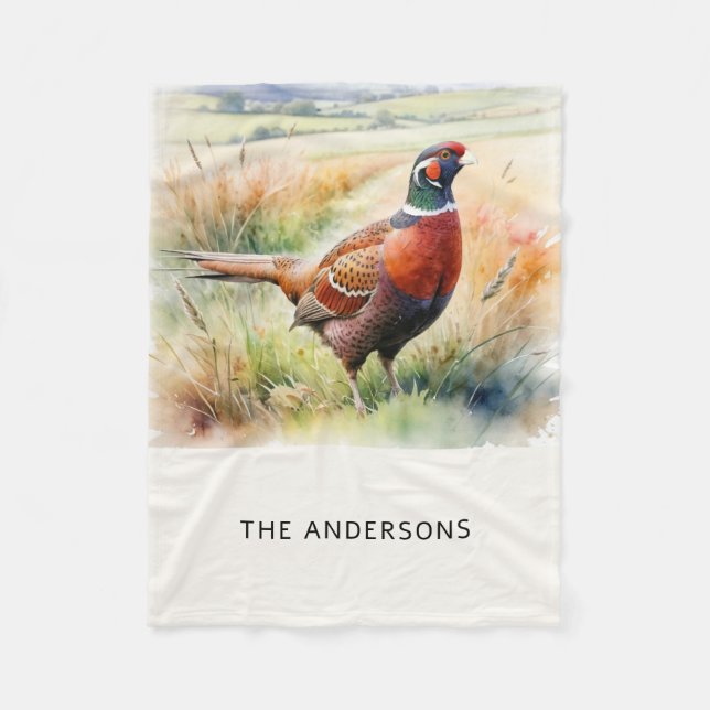 Watercolor Pheasant Print Personalised Throw Fleece Blanket (Front)