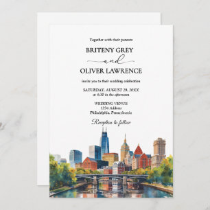 Watercolor Philadelphia Pennsylvania City Wedding Invitation
