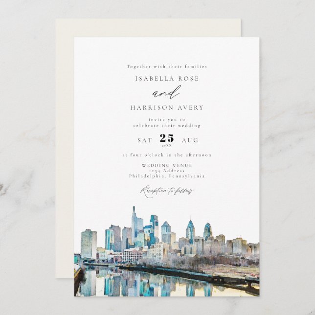 Watercolor Philadelphia Pennsylvania City Wedding Invitation (Front/Back)