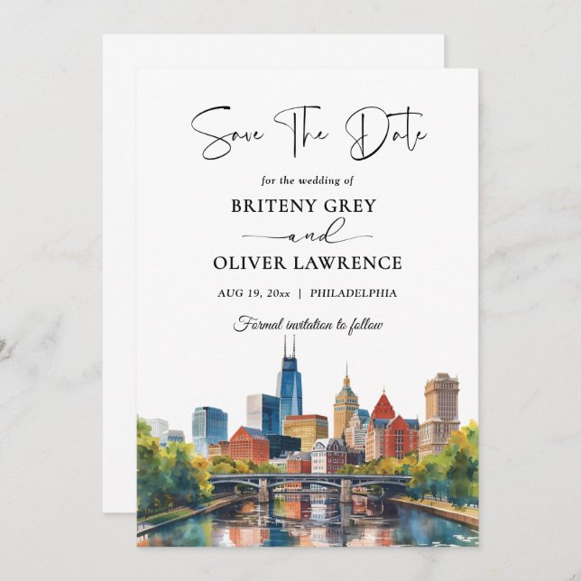 Watercolor Philadelphia Pennsylvania skyline Save The Date (Front/Back)