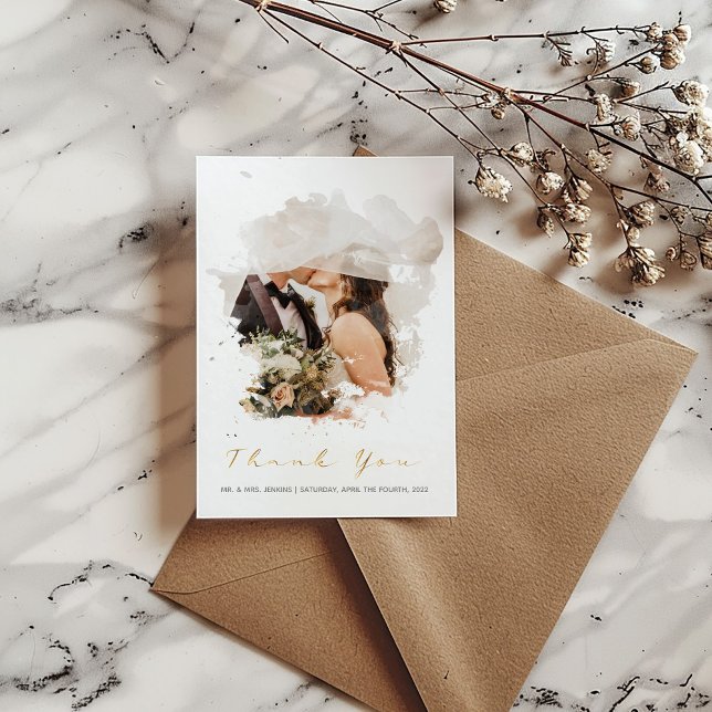 Watercolor photo effect, wedding thank you card (Modern wedding thank you card with the option to add your own photo to the watercolour photo effect)