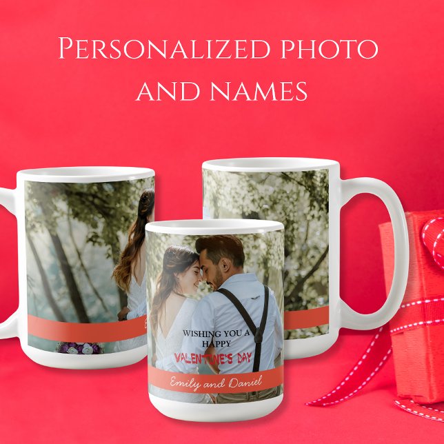 Watercolor Photo Valentine's Day personalized Coffee Mug (Script Happy Valentines Day Photo Romantic Coffee Mug)