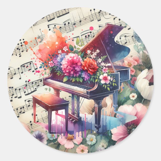 Watercolor Piano and Flowers Classic Round Sticker (Front)