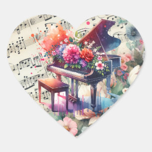 Watercolor Piano and Flowers Heart Sticker