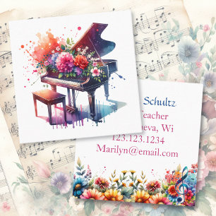 Watercolor Piano and Flowers Personalised Teacher Square Business Card