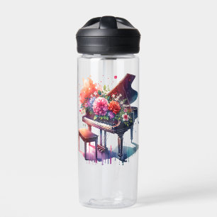 Watercolor Piano and Flowers Personalised Water Bottle