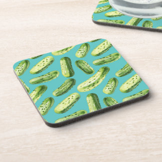 Watercolor Pickles on Turquoise Coaster