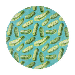 Watercolor Pickles on Turquoise Cutting Board