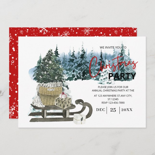 Watercolor Pickup Sleigh Rustic Christmas Party Invitation (Front/Back)