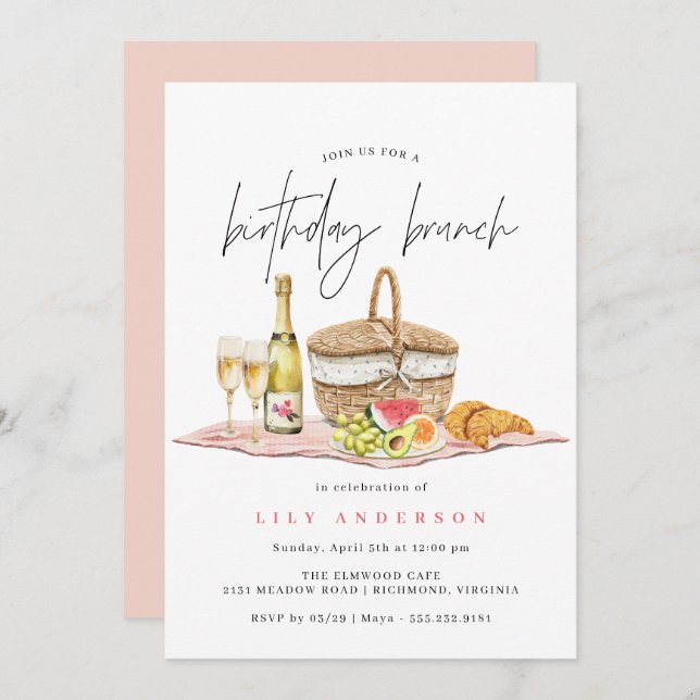 Watercolor Picnic | Cute Casual Birthday Brunch Invitation (Front/Back)
