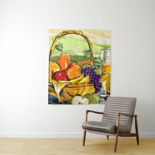 Watercolor Picnic Fruit Basket and Wine Tapestry