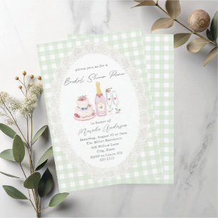   Watercolor Picnic Lace Green Gingham  Bridal Sho Invitation