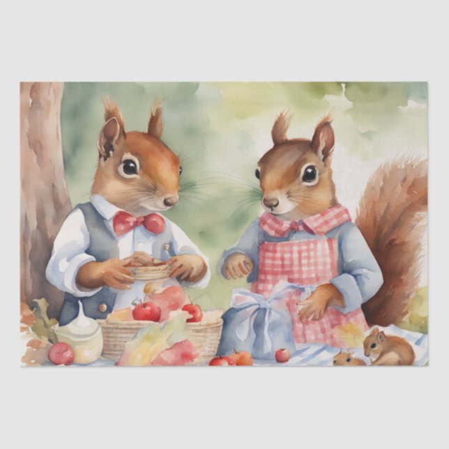  Watercolor Picnic with Woodland Friends decoupage Tissue Paper (Front)