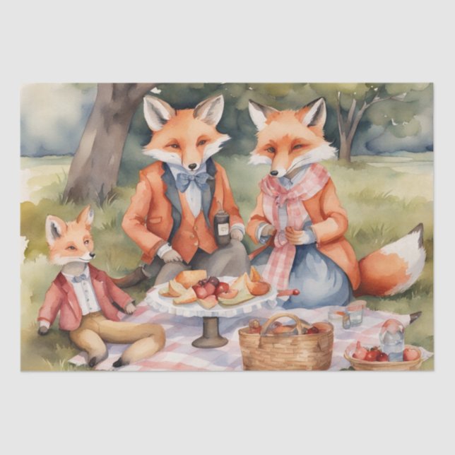  Watercolor Picnic with Woodland Friends decoupage Tissue Paper (Front)