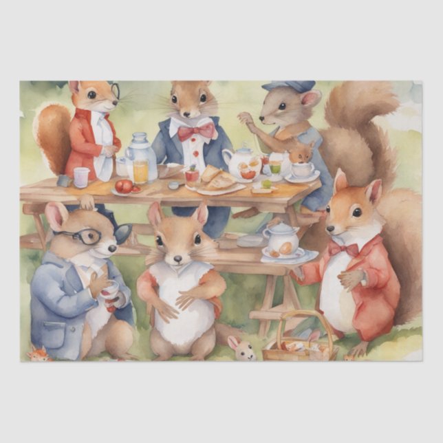  Watercolor Picnic with Woodland Friends decoupage Tissue Paper (Front)