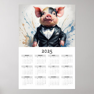 Watercolor Pig Wearing a Tuxedo 2025 Wall Calendar Poster