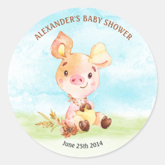 Watercolor Piggy Baby Shower Farm Classic Round Sticker