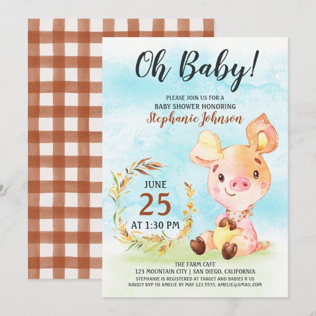 Watercolor Piggy Baby Shower Farm Invitation (Front/Back)