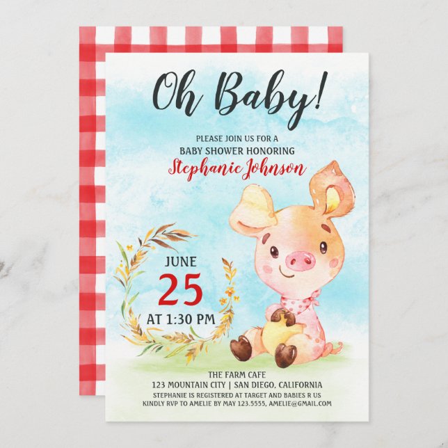 Watercolor Piggy Baby Shower Farm Invitation (Front/Back)
