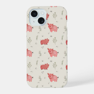 Watercolor Pigs And Flowers Seamless Pattern iPhone 15 Case