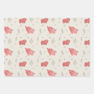 Watercolor Pigs And Flowers Seamless Pattern Wrapping Paper Sheet