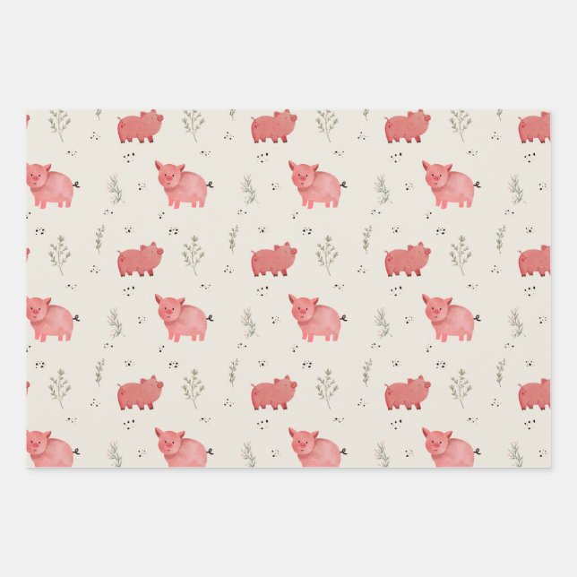 Watercolor Pigs And Flowers Seamless Pattern Wrapping Paper Sheet (Front)