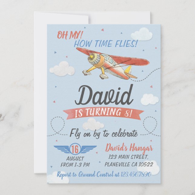 Watercolor Pilot and Aeroplane Birthday Invitation (Front)