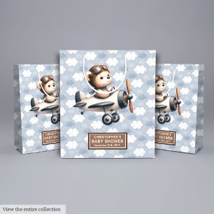 Watercolor Pilot Bear Baby Shower Favour For Boys Medium Gift Bag