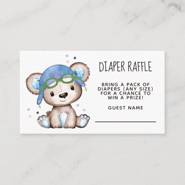 Watercolor Pilot Teddy Bear Diaper Raffle Enclosure Card (Front)