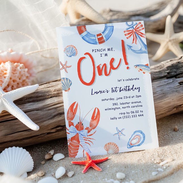 Watercolor Pinch Me Lobster Coastal 1st Birthday Invitation (Creator Uploaded)