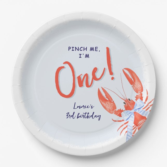 Watercolor Pinch Me' Lobster Coastal 1st Birthday Paper Plate (Front)