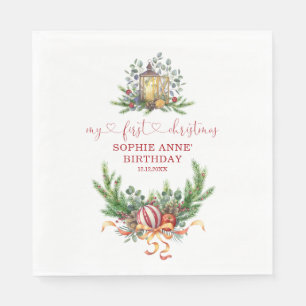 Watercolor Pine 1st Christmas Birthday Calligraphy Napkin