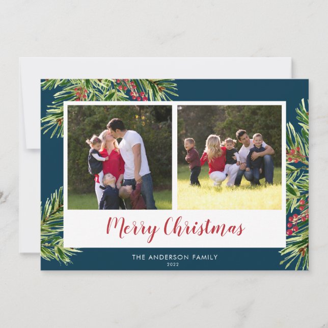 Watercolor Pine 2 Photo Blue Merry Christmas Holiday Card (Front)